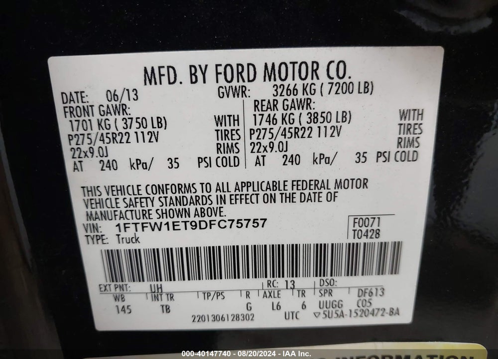 2013 FORD F-150 LIMITED VIN: 1FTFW1ET9DFC75757