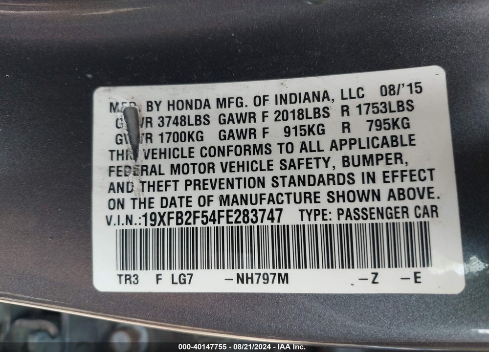 2015 HONDA CIVIC VIN: 19XFB2F54FE283747