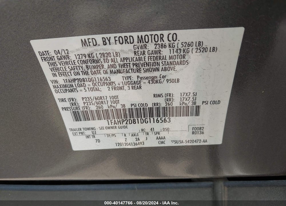 2013 FORD TAURUS SE VIN: 1FAHP2D81DG116563