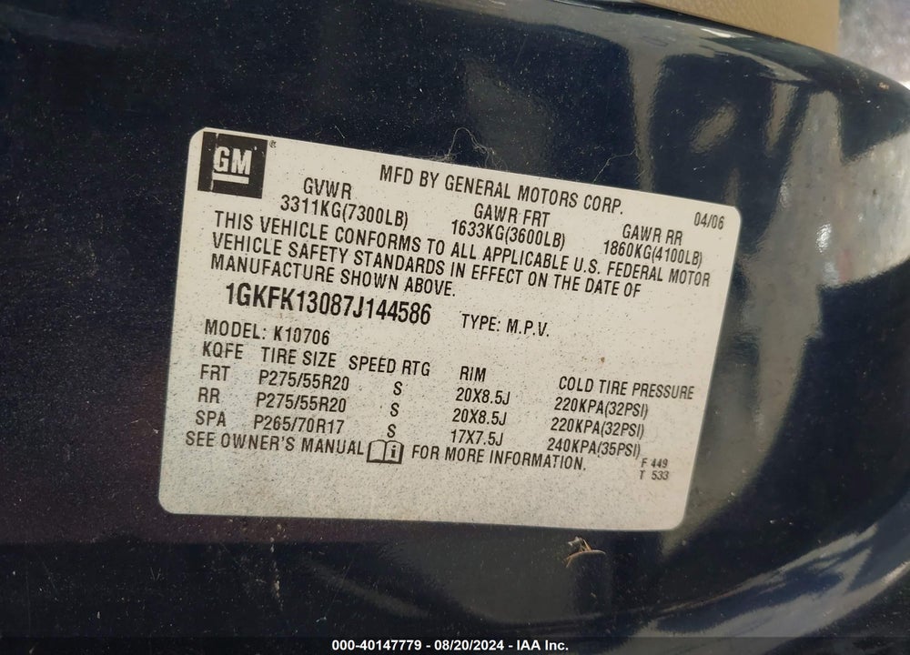 2007 GMC YUKON SLT VIN: 1GKFK13087J144586