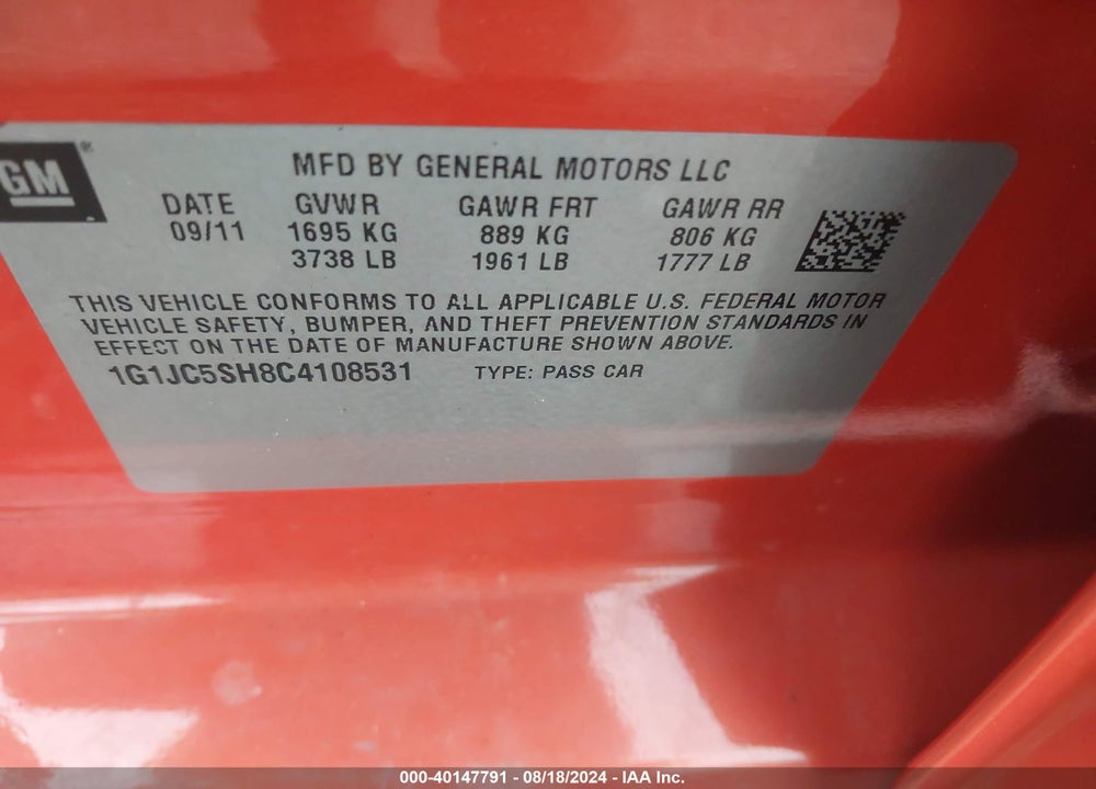 2012 CHEVROLET SONIC VIN: 1G1JC5SH8C4108531