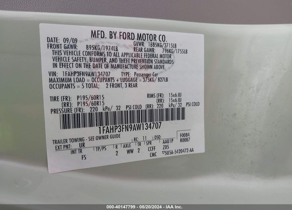 2010 FORD FOCUS SE VIN: 1FAHP3FN9AW134707