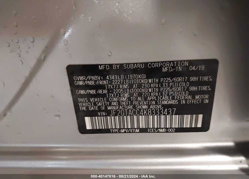 2019 SUBARU CROSSTREK 2.0I PREMIUM VIN: JF2GTACC4K8333437