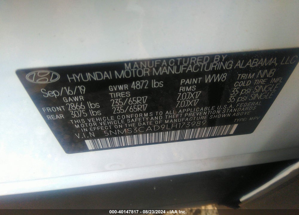 2020 HYUNDAI SANTA FE SEL VIN: 5NMS3CAD9LH173989