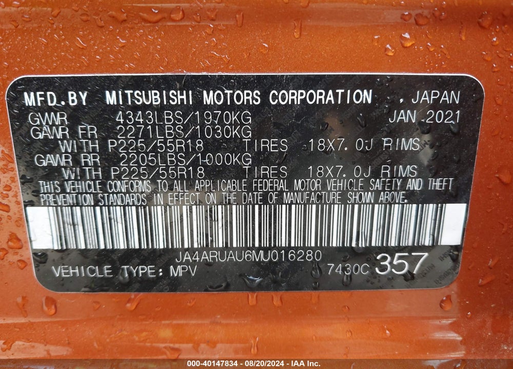 2021 MITSUBISHI OUTLANDER SPORT 2.0 ES AWC VIN: JA4ARUAU6MU016280