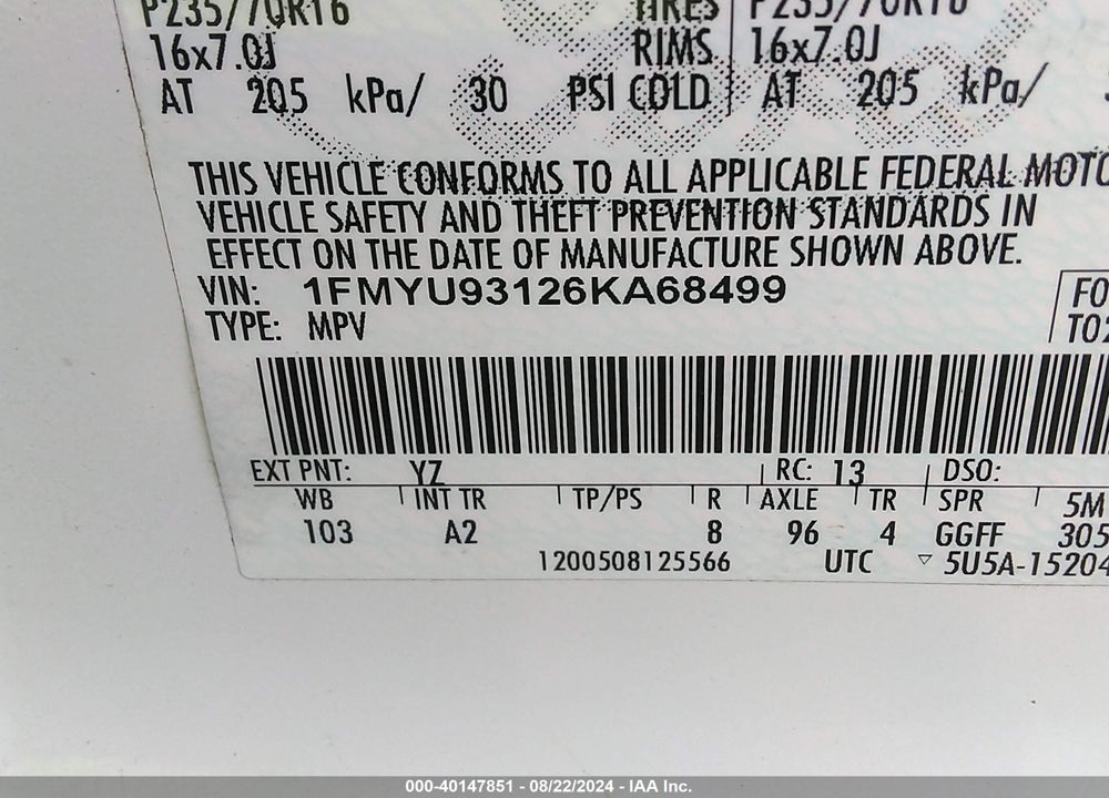 2006 FORD ESCAPE XLT/XLT SPORT VIN: 1FMYU93126KA68499