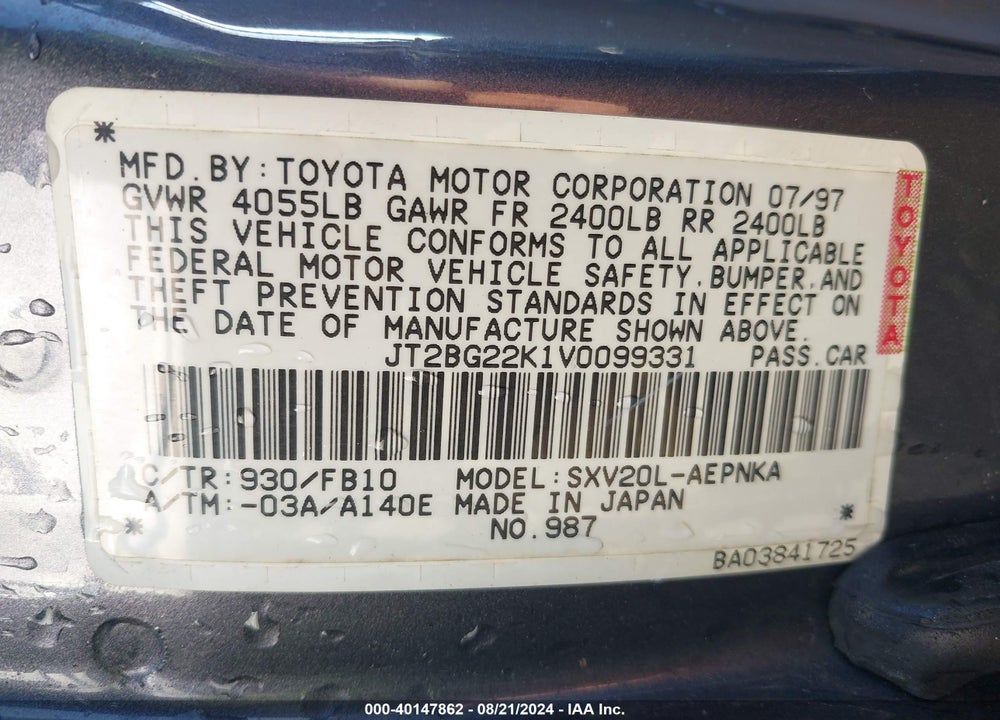 1997 TOYOTA CAMRY LE VIN: JT2BG22K1V0099331