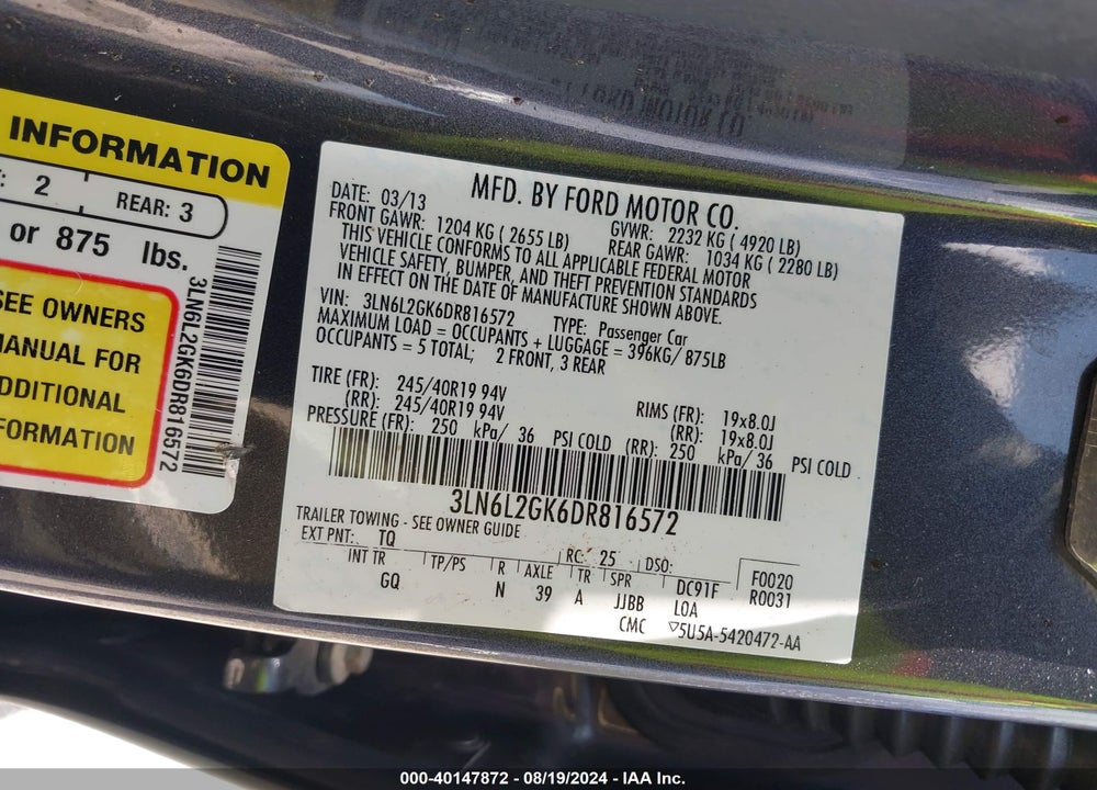 2013 LINCOLN MKZ VIN: 3LN6L2GK6DR816572