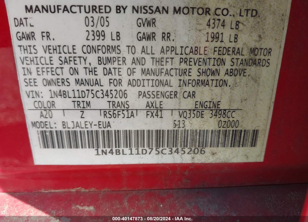 2005 NISSAN ALTIMA 3.5 SE-R VIN: 1N4BL11D75C345206