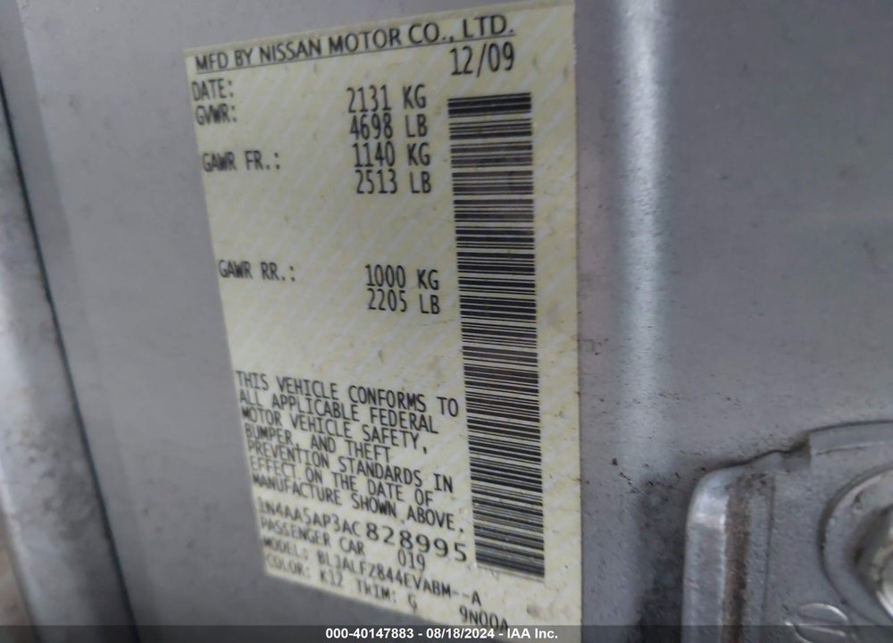 2010 NISSAN MAXIMA 3.5 SV VIN: 1N4AA5AP3AC828995