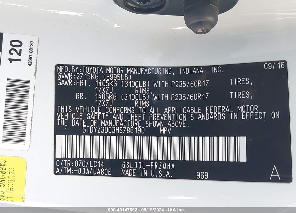 2017 TOYOTA SIENNA XLE 8 PASSENGER VIN: 5TDYZ3DC3HS786190
