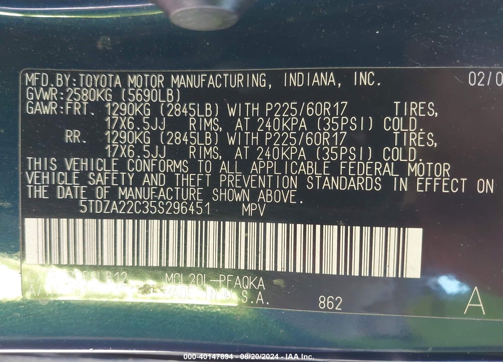 2005 TOYOTA SIENNA XLE VIN: 5TDZA22C35S296451