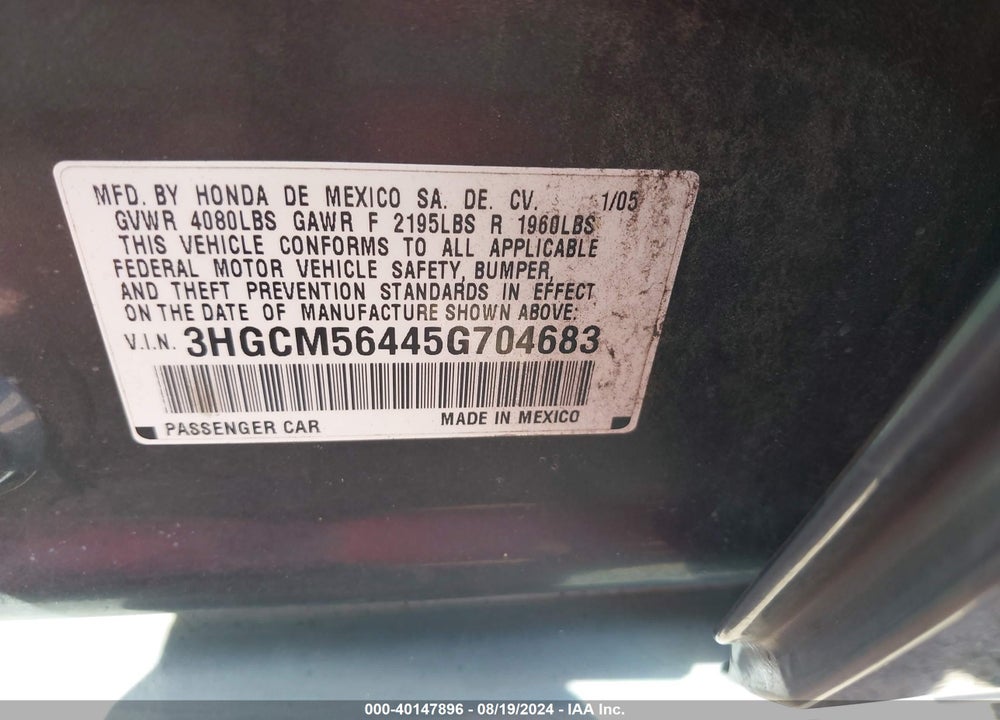 2005 HONDA ACCORD 2.4 LX VIN: 3HGCM56445G704683