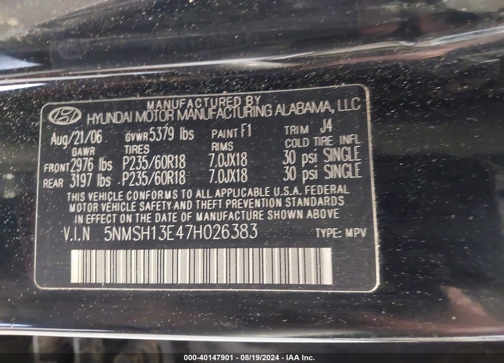 2007 HYUNDAI SANTA FE LIMITED/SE VIN: 5NMSH13E47H026383