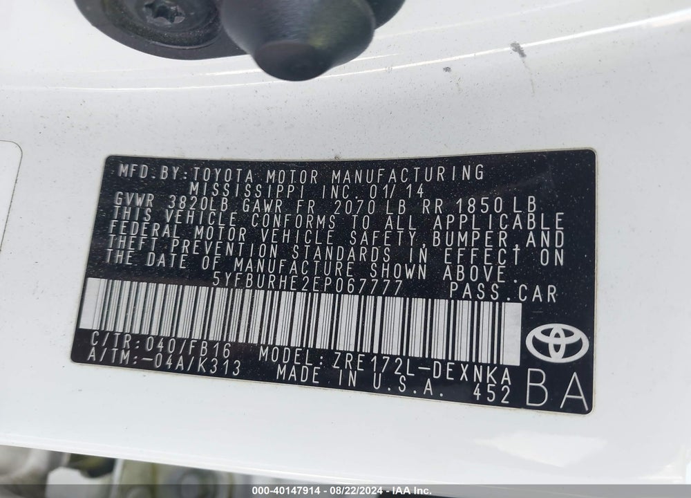 2014 TOYOTA COROLLA LE PLUS VIN: 5YFBURHE2EP067777