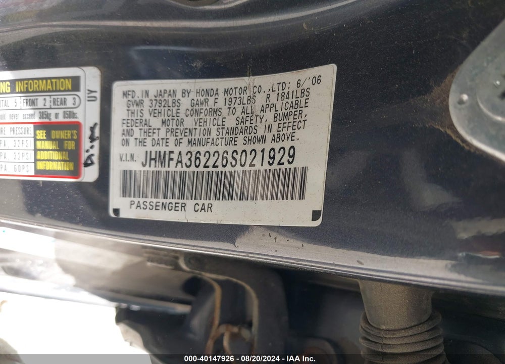 2006 HONDA CIVIC HYBRID VIN: JHMFA36226S021929