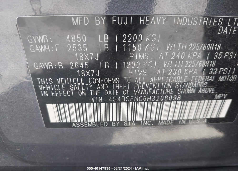 2017 SUBARU OUTBACK 3.6R LIMITED VIN: 4S4BSENC6H3208098