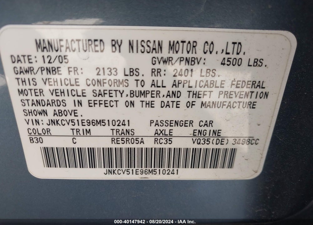 2006 INFINITI G35 VIN: JNKCV51E96M510241