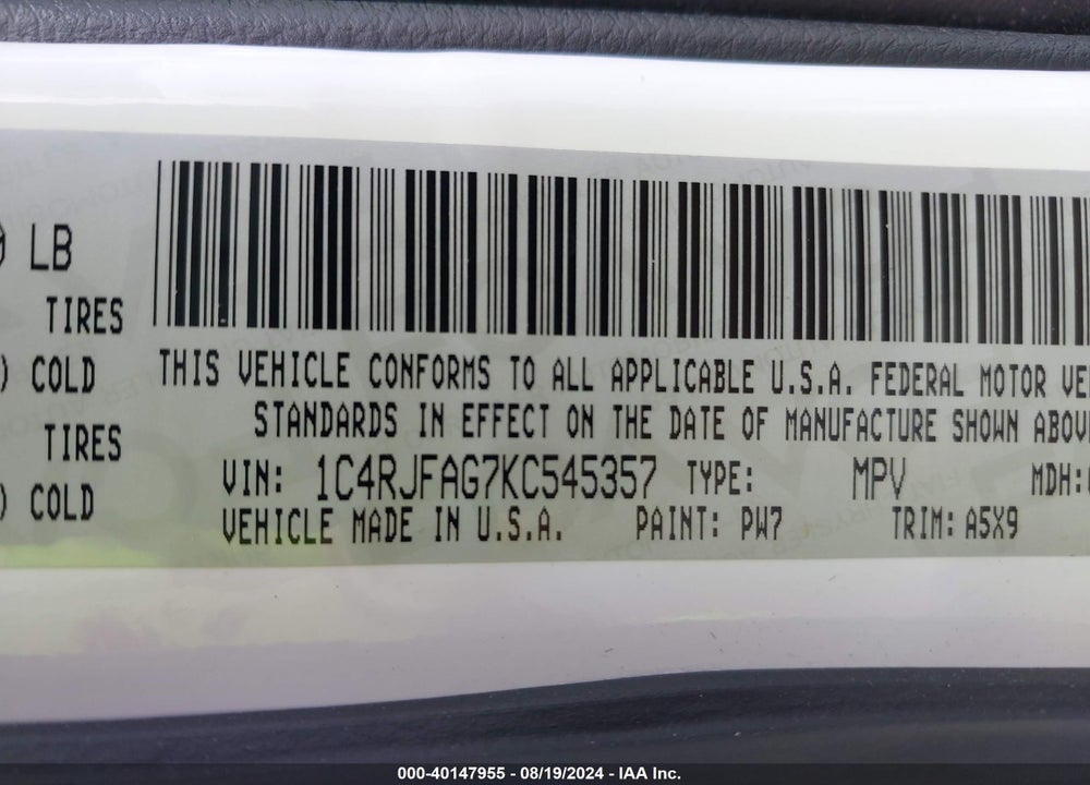 2019 JEEP GRAND CHEROKEE UPLAND 4X4 VIN: 1C4RJFAG7KC545357