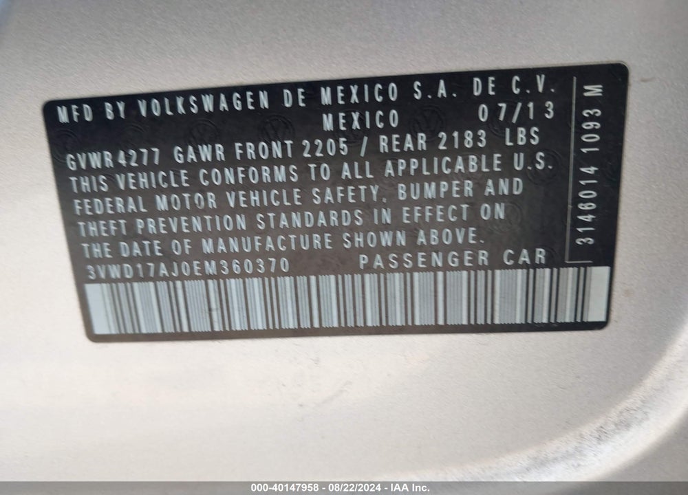 2014 VOLKSWAGEN JETTA 1.8T SE VIN: 3VWD17AJ0EM360370