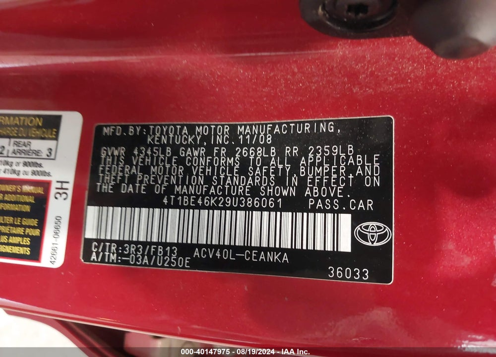 2009 TOYOTA CAMRY LE VIN: 4T1BE46K29U386061