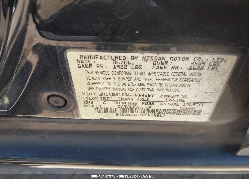 2006 NISSAN SENTRA 1.8S VIN: 3N1CB51D16L614267