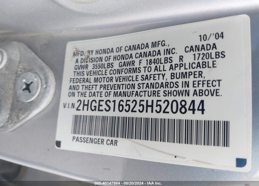 2005 HONDA CIVIC LX VIN: 2HGES16525H520844