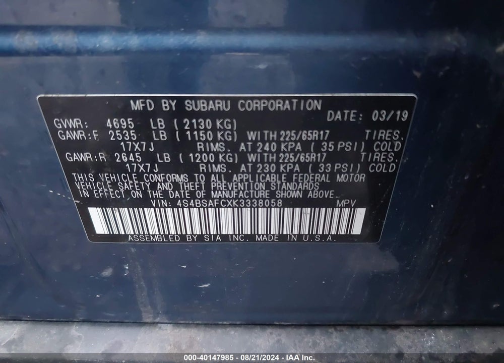 2019 SUBARU OUTBACK 2.5I PREMIUM VIN: 4S4BSAFCXK3338058