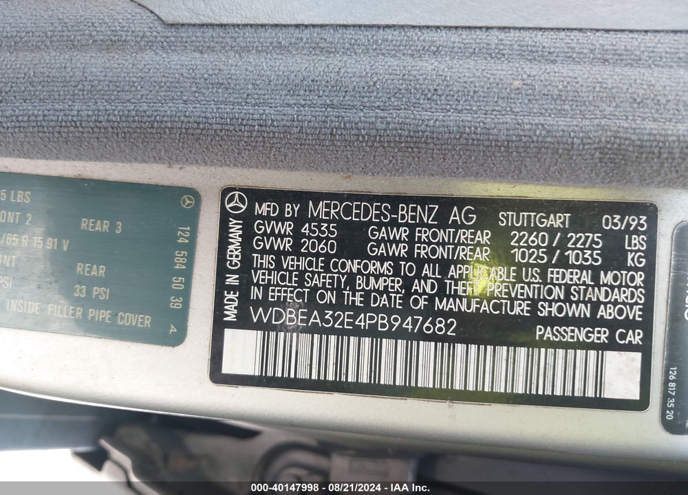1993 MERCEDES-BENZ 300 E VIN: WDBEA32E4PB947682