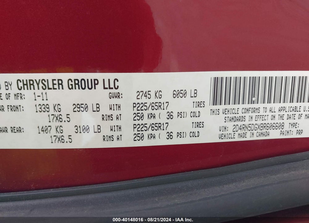 2011 DODGE GRAND CARAVAN CREW VIN: 2D4RN5DGXBR606608
