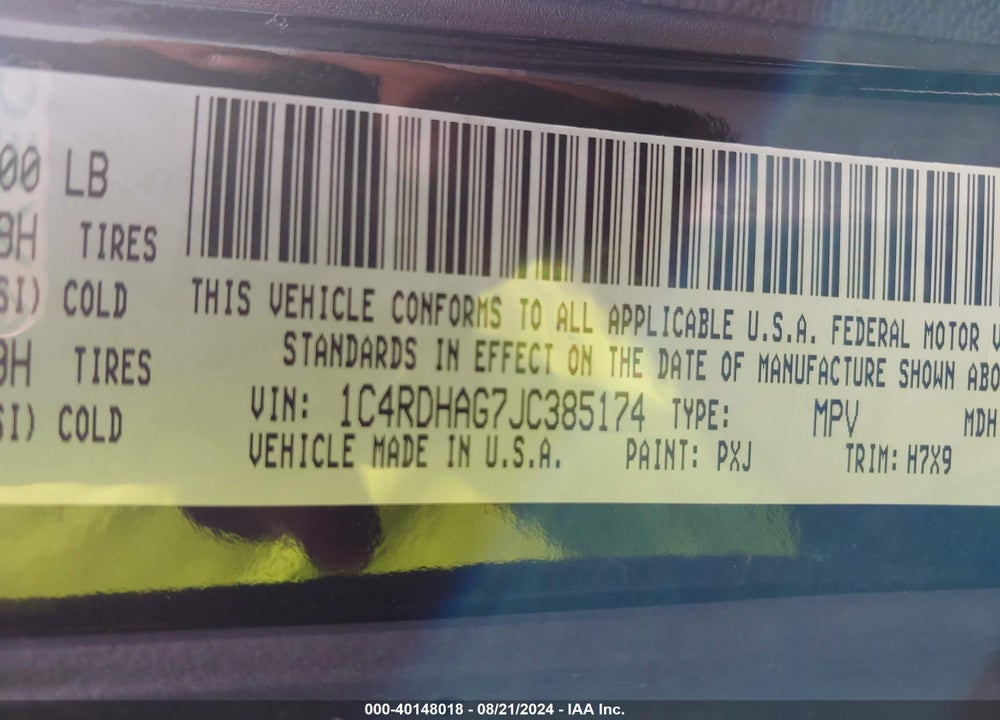 2018 DODGE DURANGO VIN: 1C4RDHAG7JC385174