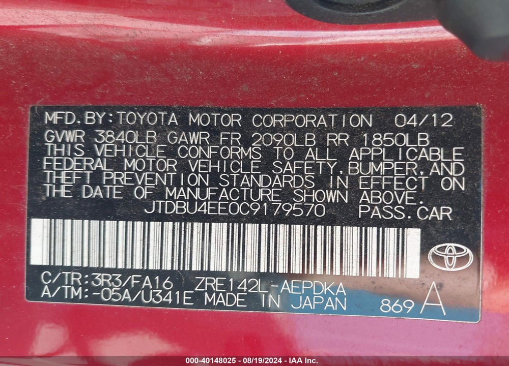 2012 TOYOTA COROLLA L VIN: JTDBU4EE0C9179570