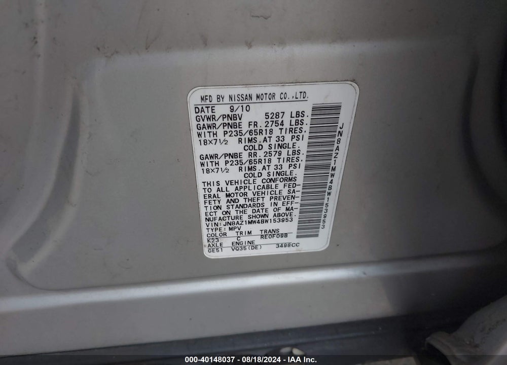 2011 NISSAN MURANO VIN: JN8AZ1MW4BW153953
