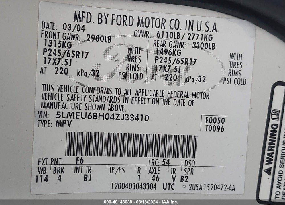 2004 LINCOLN AVIATOR VIN: 5LMEU68H04ZJ33410