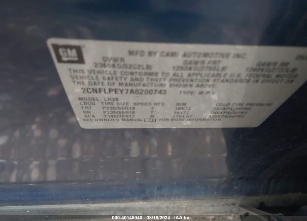 2010 CHEVROLET EQUINOX LT VIN: 2CNFLPEY7A6200743