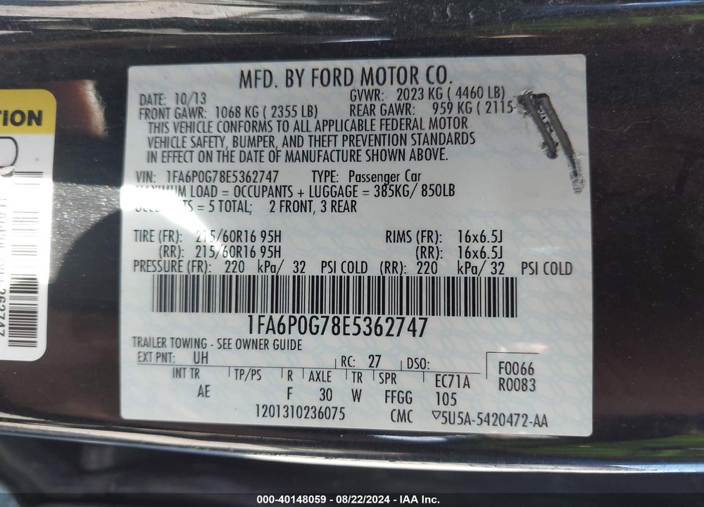 2014 FORD FUSION S VIN: 1FA6P0G78E5362747