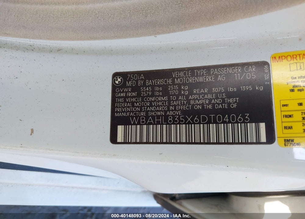 2006 BMW 750I VIN: WBAHL835X6DT04063