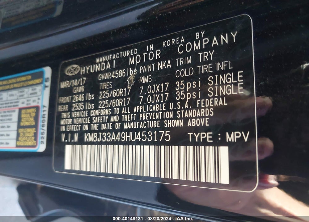 2017 HYUNDAI TUCSON SE VIN: KM8J33A49HU453175