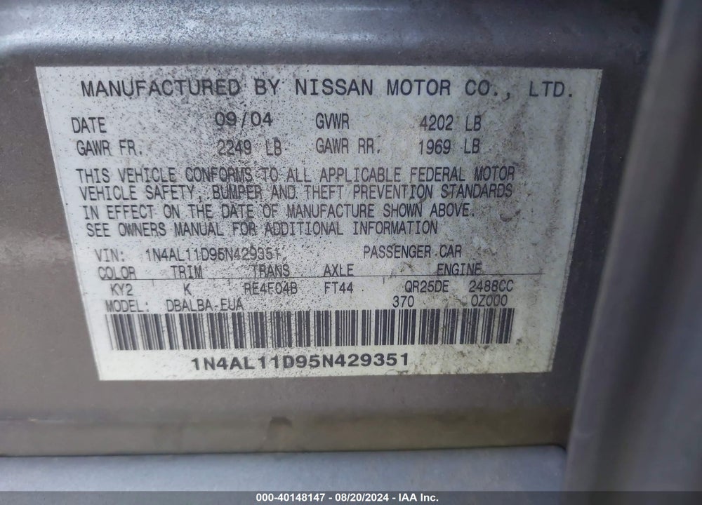 2005 NISSAN ALTIMA 2.5 S VIN: 1N4AL11D95N429351