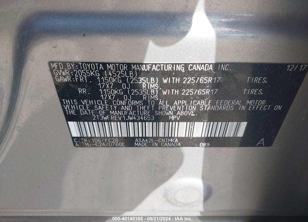 2018 TOYOTA RAV4 XLE VIN: 2T3WFREV1JW434653