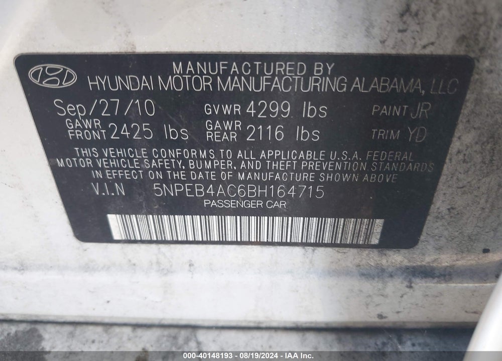 2011 HYUNDAI SONATA GLS VIN: 5NPEB4AC6BH164715