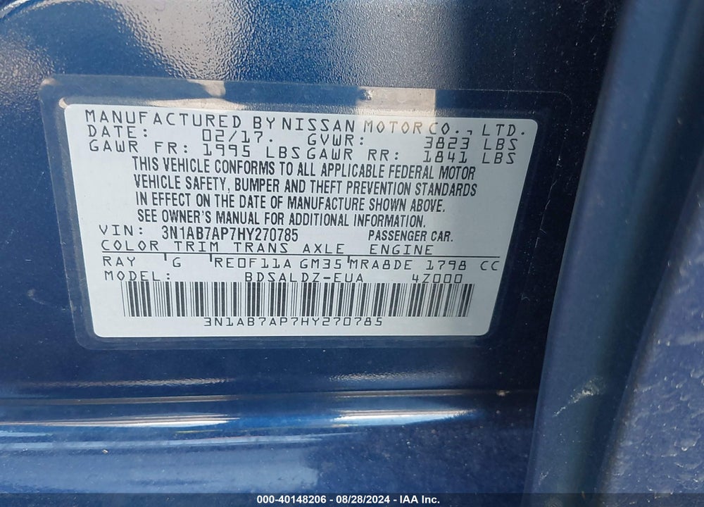 2017 NISSAN SENTRA SV VIN: 3N1AB7AP7HY270785