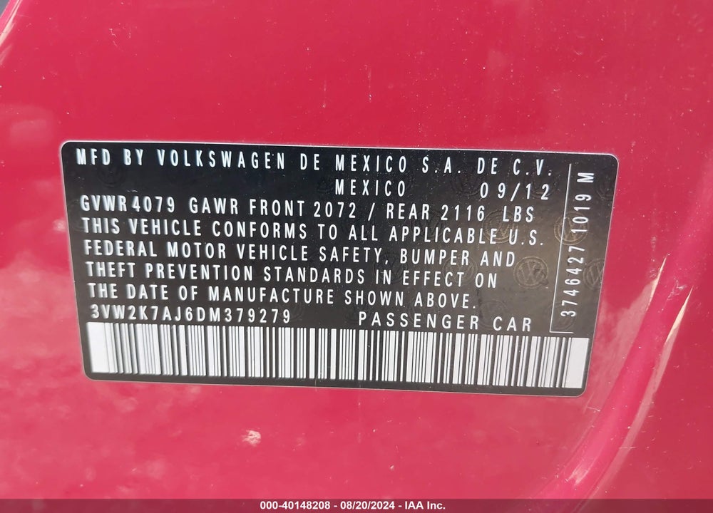 2013 VOLKSWAGEN JETTA 2.0L S VIN: 3VW2K7AJ6DM379279