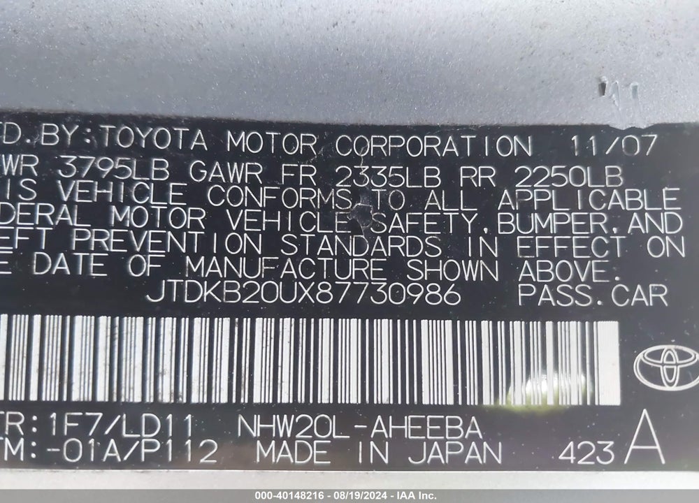 2008 TOYOTA PRIUS VIN: JTDKB20UX87730986