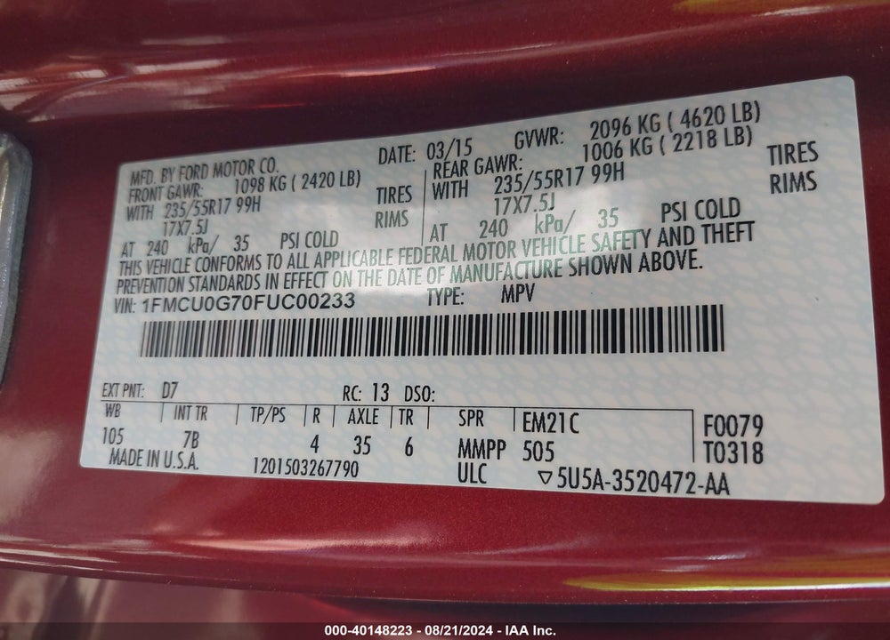 2015 FORD ESCAPE SE VIN: 1FMCU0G70FUC00233