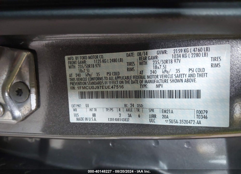 2014 FORD ESCAPE TITANIUM VIN: 1FMCU0J97EUE47516