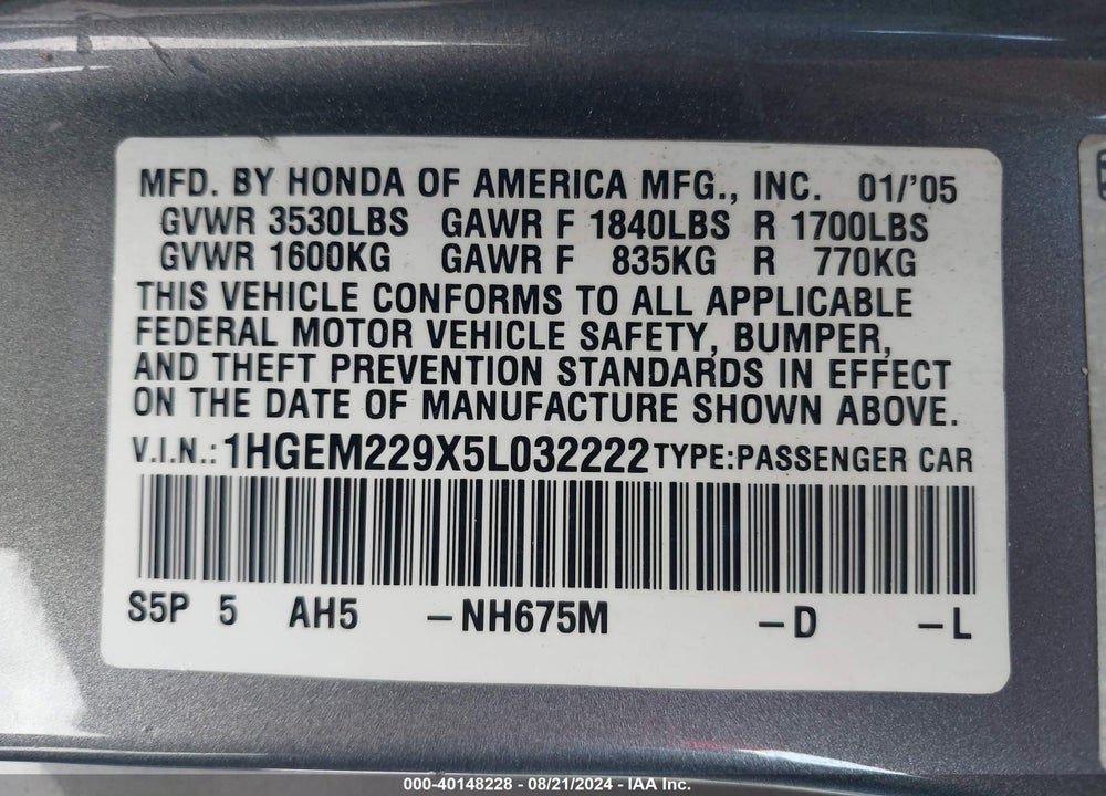 2005 HONDA CIVIC EX VIN: 1HGEM229X5L032222