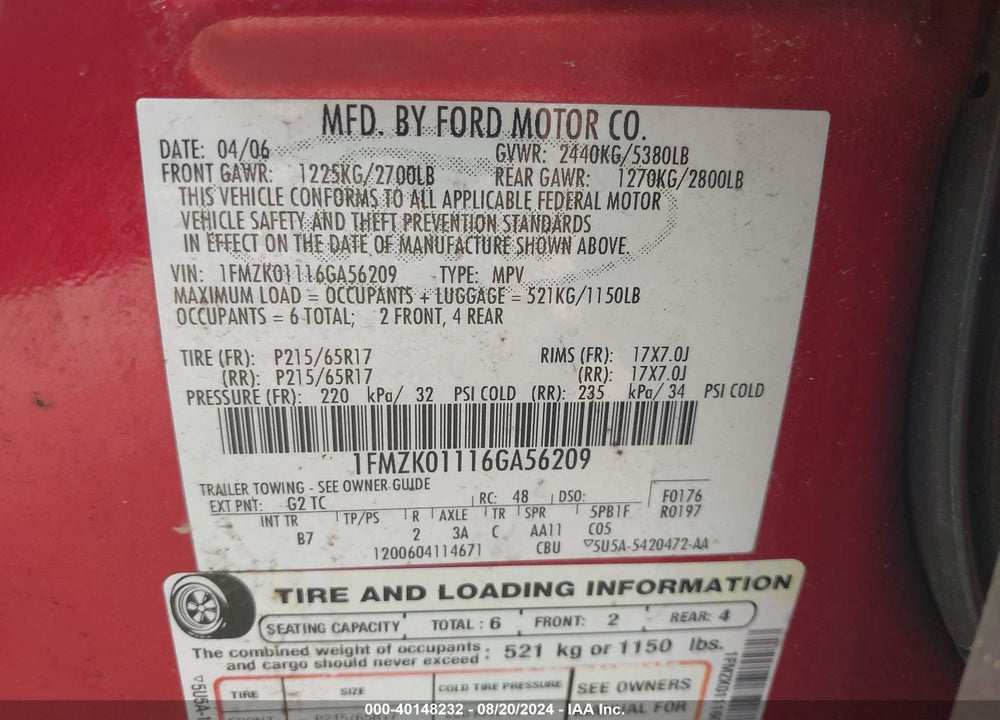 2006 FORD FREESTYLE SE VIN: 1FMZK01116GA56209