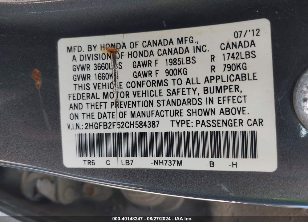 2012 HONDA CIVIC LX VIN: 2HGFB2F52CH584387