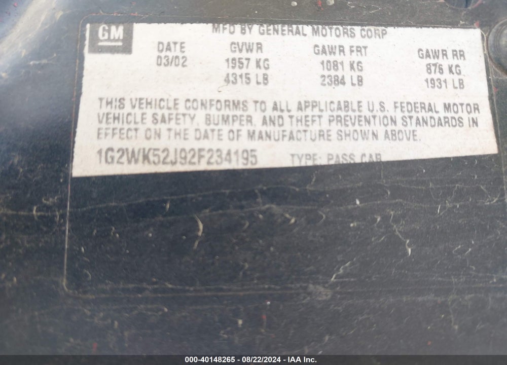 2002 PONTIAC GRAND PRIX SE VIN: 1G2WK52J92F234195